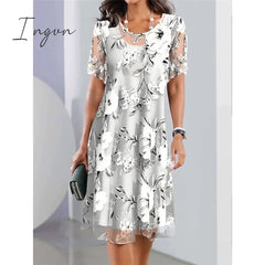 Ingvn - Women's Casual Dress Chiffon Dress Summer Dress Floral Print Crew Neck Midi Dress Fashion Streetwear Outdoor Daily Short Sleeve Regular Fit Gray Summer Spring S M L XL XXL