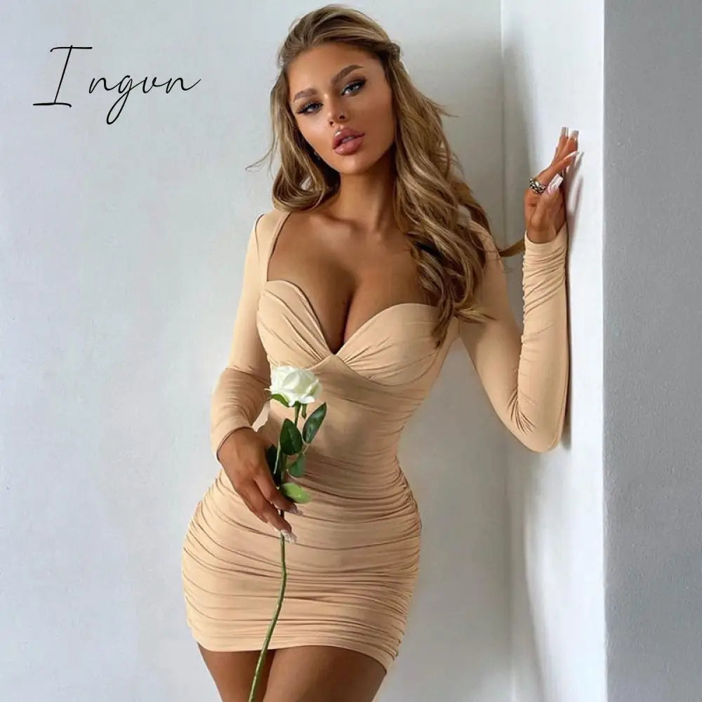 Ingvn - Long Sleeve Mini Dresses Women Basic Party Evening Clubwear Outfits Fall V Neck Sexy Bodycon Dress Short Wrap Streetwear
