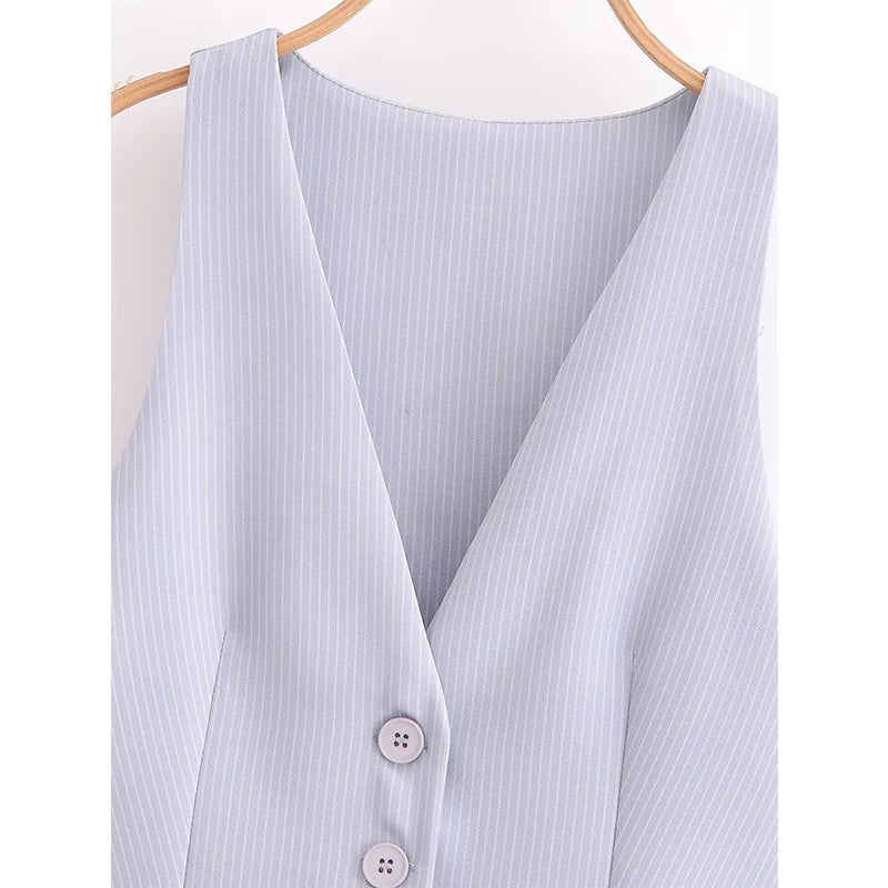 Women Patchwork Striped Temperament Vest Front Button V Neck Sleeveless Waistcoat Spring Summer Chic Tops