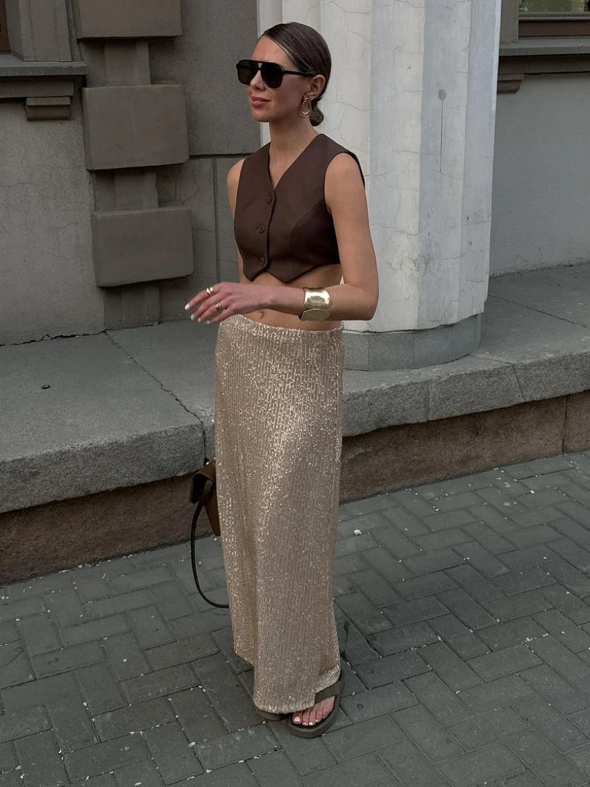 Ingvn  Elegant Silk Sequins Women Skirt Dropped Waist Long Skirts Streetwear Classic Skirt Fashion Female Clothing