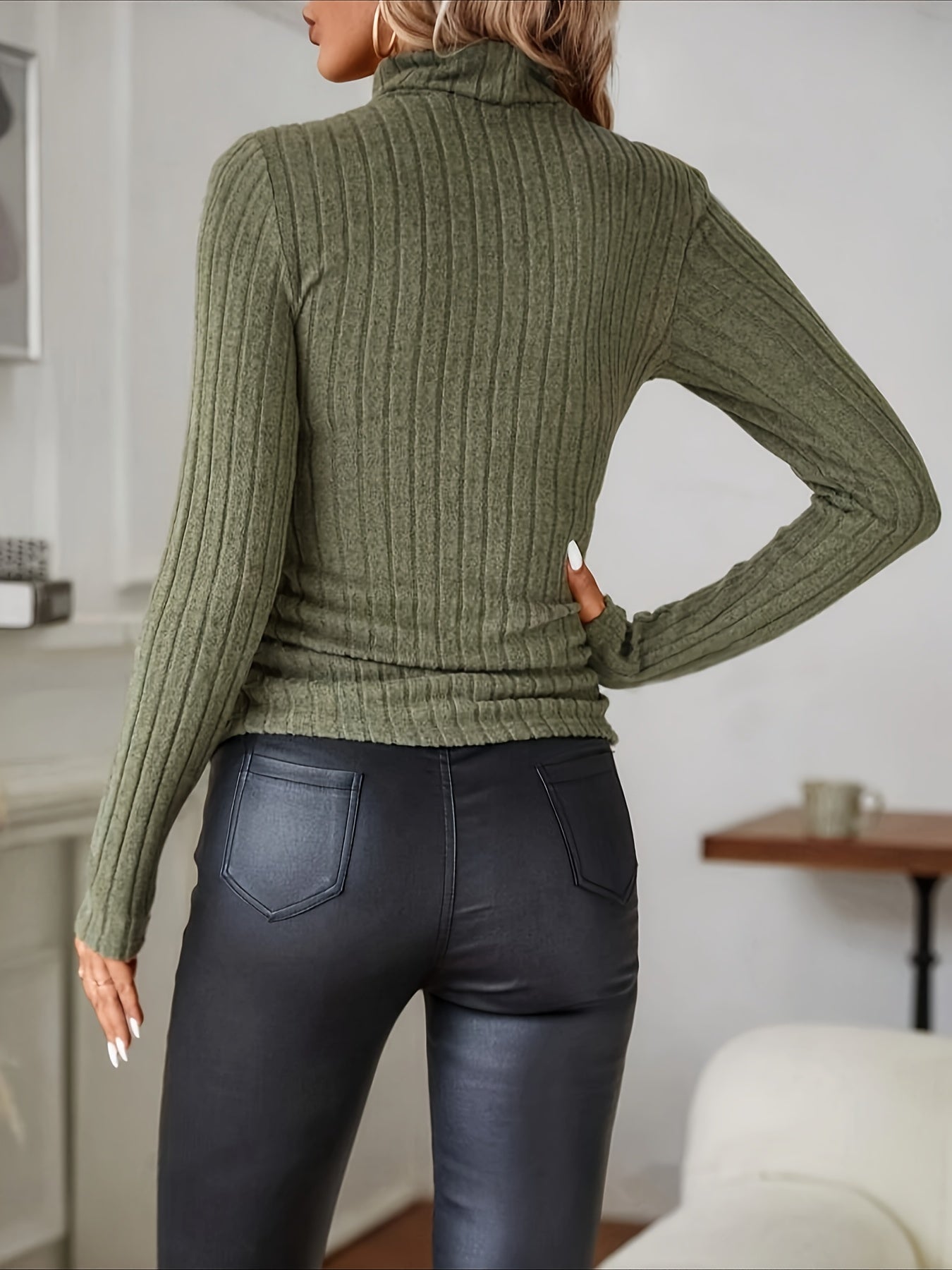 Women's Elegant Turtleneck Long Sleeve Knit T-Shirt, Polyester, Solid Color, Regular Length, Long Sleeves, Spring/Autumn Season, Knit Fabric