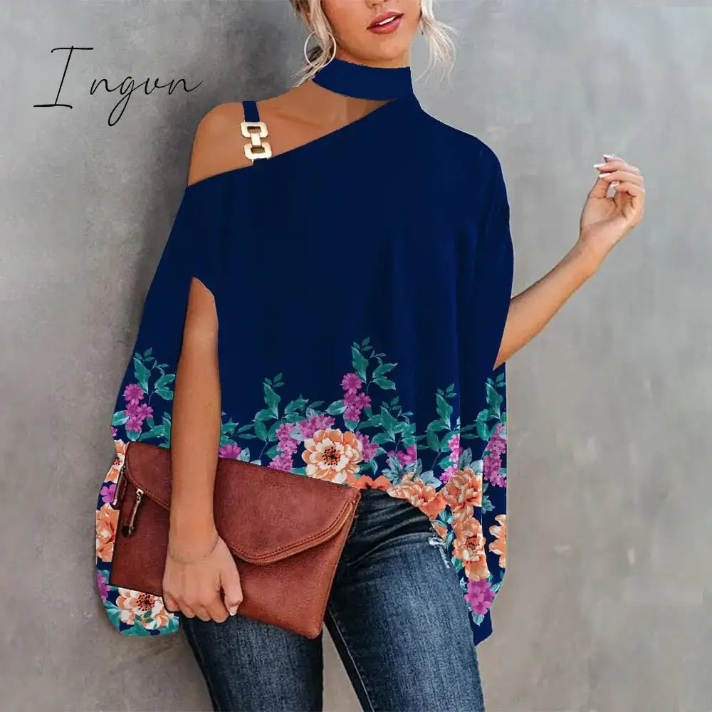 Ingvn - Women Metal Halter Hollow Out Print Top Patchwork Short Sleeve Loose Summer Blouse Femme Fashion Pullovers Casual Youth New