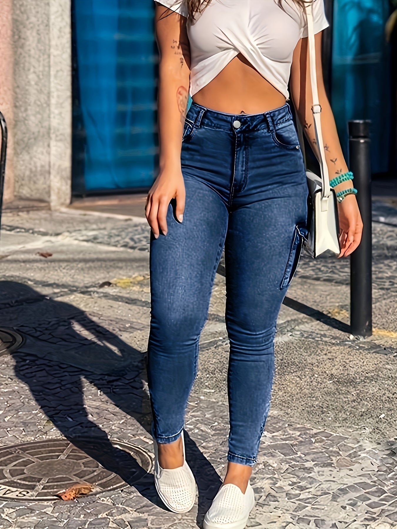 Stretchy Mid-Rise Skinny Jeans - Women's Clothing, Slim Fit Cargo Denim Pants with Flap Pockets, Side Zip, Y2K & Kpop Inspired, High-Waisted, Comfortable, Fashionable, and Versatile Denim Jeans for Women