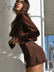 Ingvn - Turn-down Collar Button Women Two Piece Set Brown Long Sleeve Top High Waist Skirt Women Autumn Sexy Slim Office Outfits