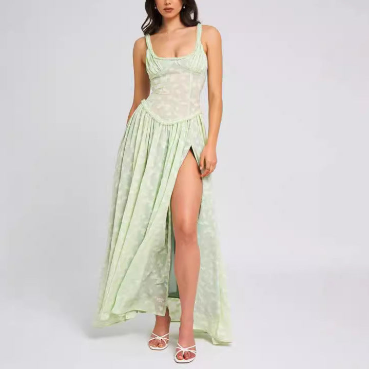 sexy women's new sexy suspenders U-collar backless perspective chiffon dress