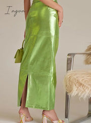 Ingvn - PU Leather Green Split Skirt for Women High Waist Hip Package Pathwork Bodycon Maxiskirt Sexy Female Prom Skirt New in 2023