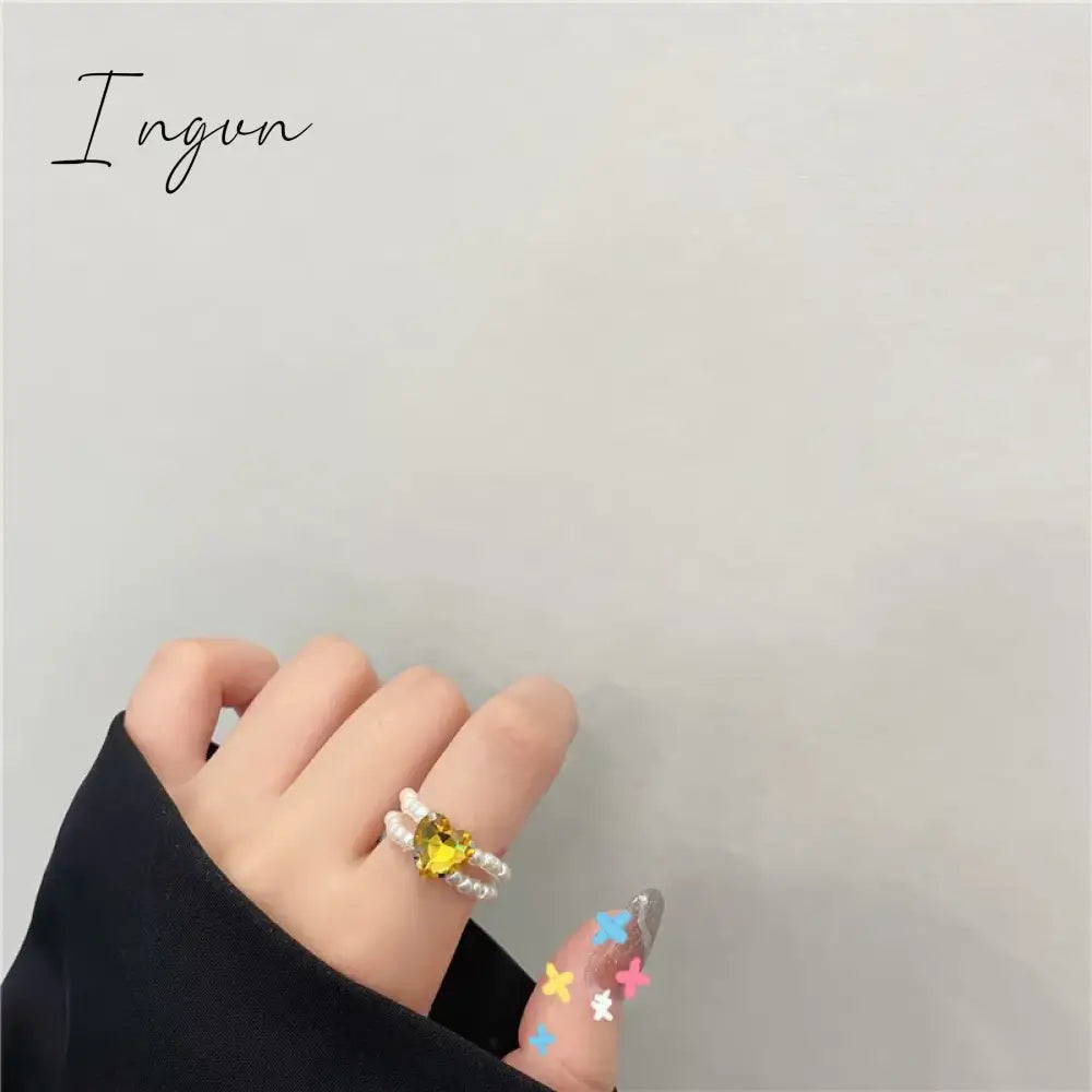 Kpop Romantic Coloful Crystal Pearl Elastic Rope Beaded Ring Smooth Irregular Geometric Square Oval Rings for Women Jewelry