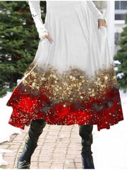 Ingvn - Women's Christmas Casual Dress Swing Dress Midi Dress Red Long Sleeve Leopard Pocket Winter Fall Autumn Fashion Daily Weekend S M L XL XXL 3XL