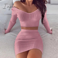 Ingvn - Striped V Neck Slim Knit Soft Summer Dress Women Spring Off the Shoulder Long Sleeve Mini Dress Elegant Ladies Party Dress