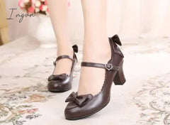 Ingvn - Japanese Lolita round head student cute heart bow jk high heel shoes Bowknot Princess Kawaii Girl Women Shoes cos Vintage Sweet