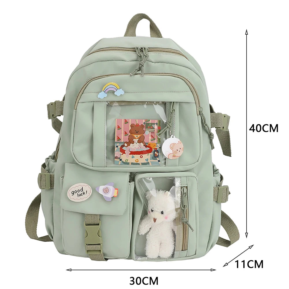 INGVN  Kawaii Aesthetic Women Backpack School Bag for Teen Girls Japanese Korean Rucksack Student Bookbags with Cute Accessor Mochila