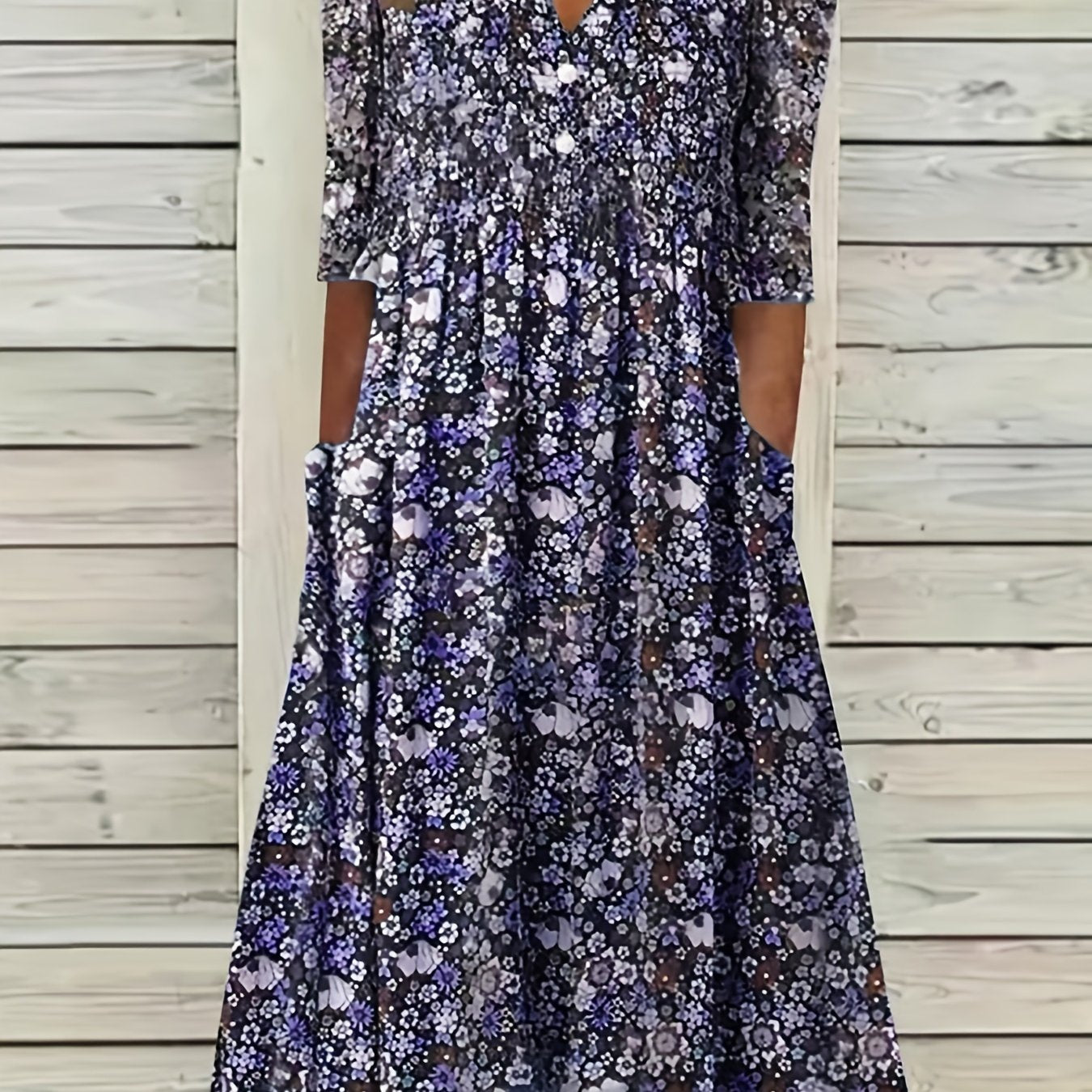 Vibrant Ditsy Floral V-Neck Dress - Comfy Ruched Design with Handy Pockets - Perfect for Summer Casual Outings, Women’s Fashion