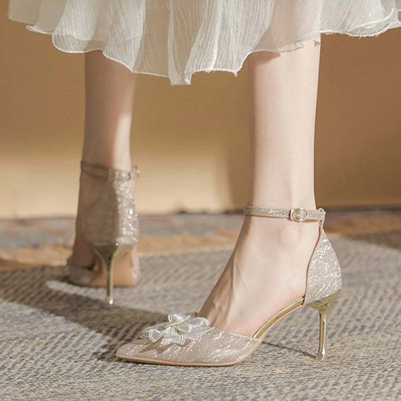 Ingvn  Elegant Silver High Heels Pumps Women Autumn Plus Size 42 Ankle Straps Party Shoes Woman Pointed Toe Bowtie Wedding Shoes