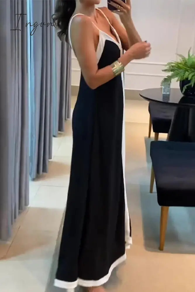 Ingvn - Sexy Color Block Contrast V Neck Sling Dress Dresses