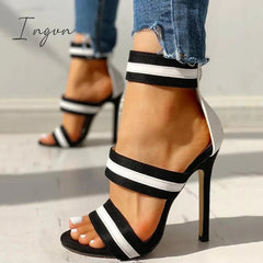 Ingvn - Stripes Open Toe Thin Heels