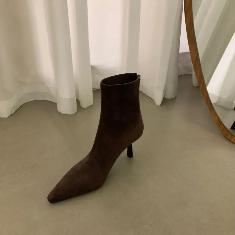 Women's Ankle Boots Pointed Toe New Autumn Women's Thin High Heels Women's Suede Solid Short Botines Chelsea Botte Femme