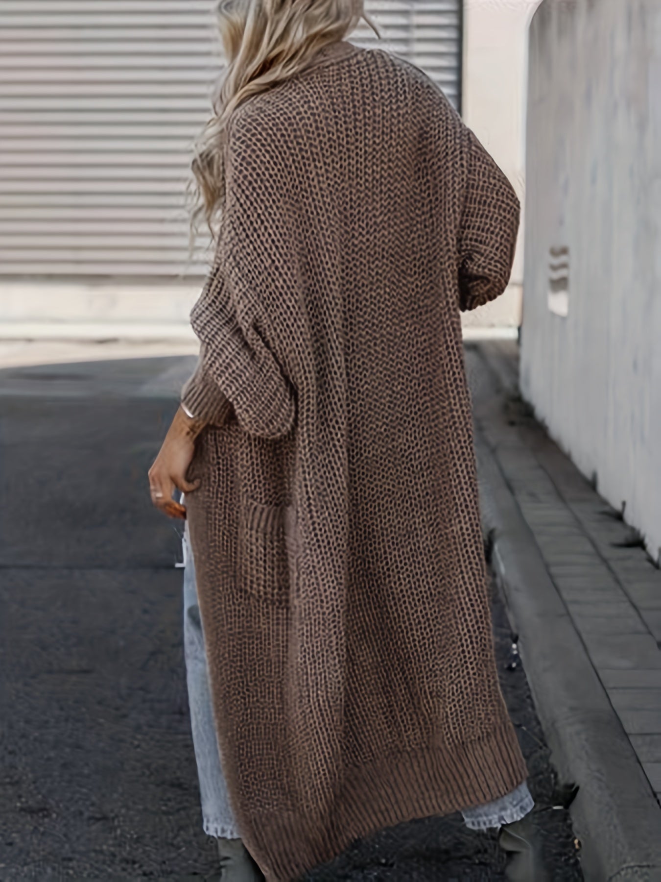 Solid Open Front Pocket Cardigan, Casual Long Sleeve Long Length Sweater For Fall & Winter, Women's Clothing