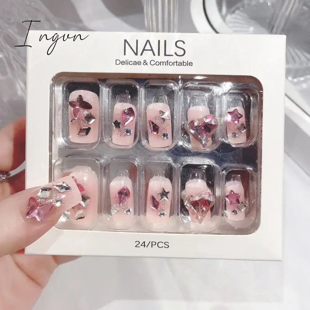 Handmade Press on Nails Long Ballet Blue Fake Nails with 3D Snowflake Moon Rhinestone Design False Nails Full Cover Nail Tips
