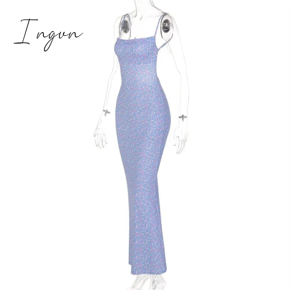 Ingvn - Summer Bodycon Spaghetti Strap Elegant Woman Maxi Dress Vintage Print Party Sexy Women's Dresses