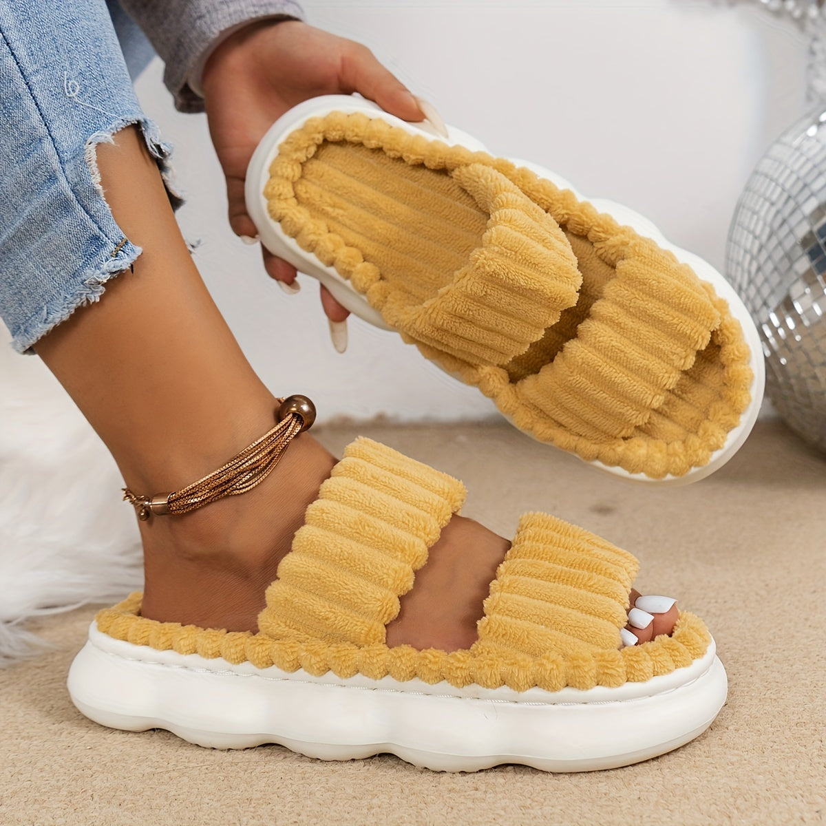 Ultimate Comfort Womens Plush Slippers - Luxurious Platform, Two-Band Open Toe Design, Cloud Soft Sole, Ultra-Fuzzy - Perfect Indoor Sanctuary Slippers for Home
