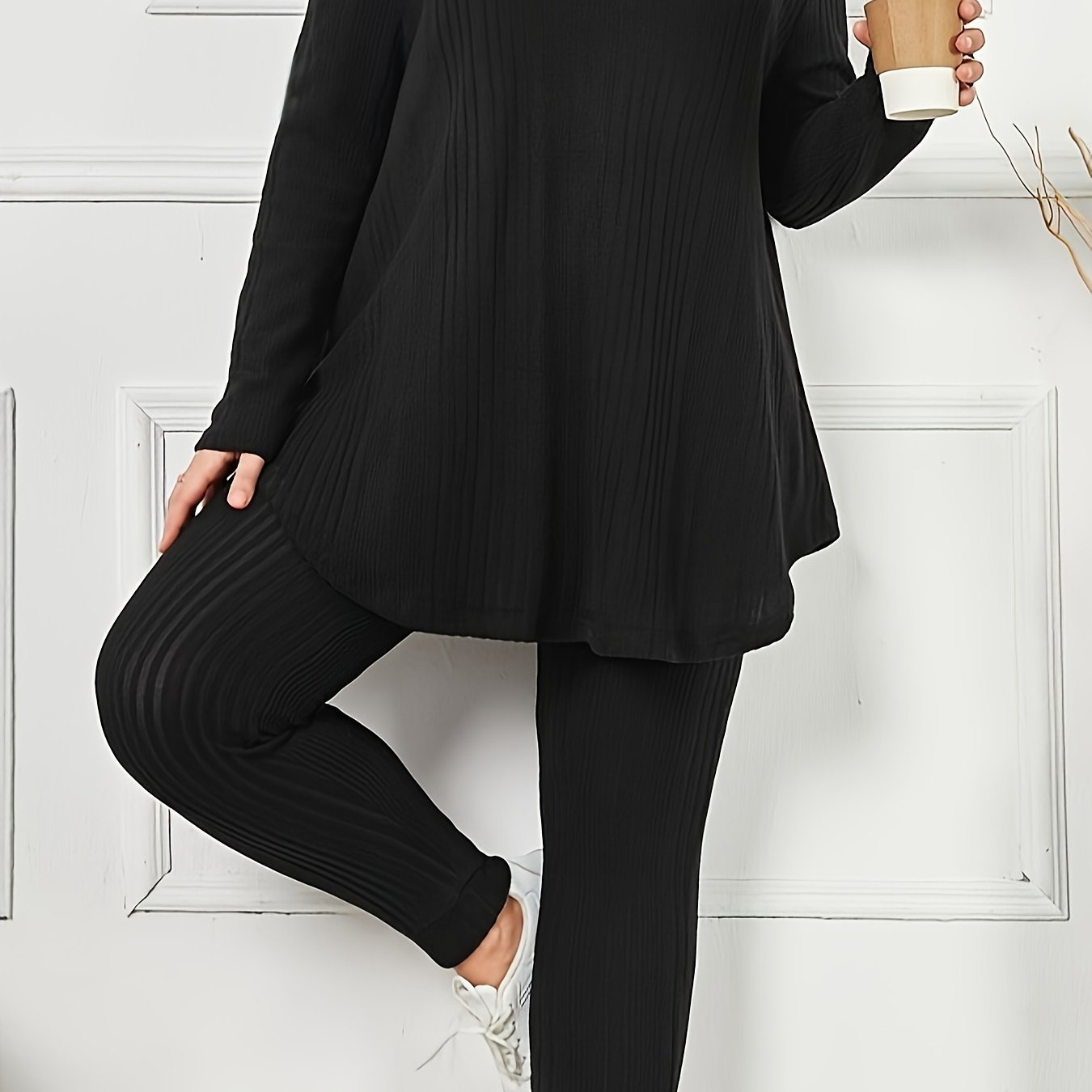 Plus Size Long-Sleeve Cozy Women's Solid Ribbed Lounge Set, Casual Style Homewear Outfit For Fall/Winter