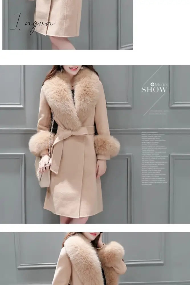 Ingvn - Fur Woolen Coat =New Women  Knee Mid-length Korean Fashion Big Fur Collar Beautiful Cloak Red Pink White Camel S To 3XL