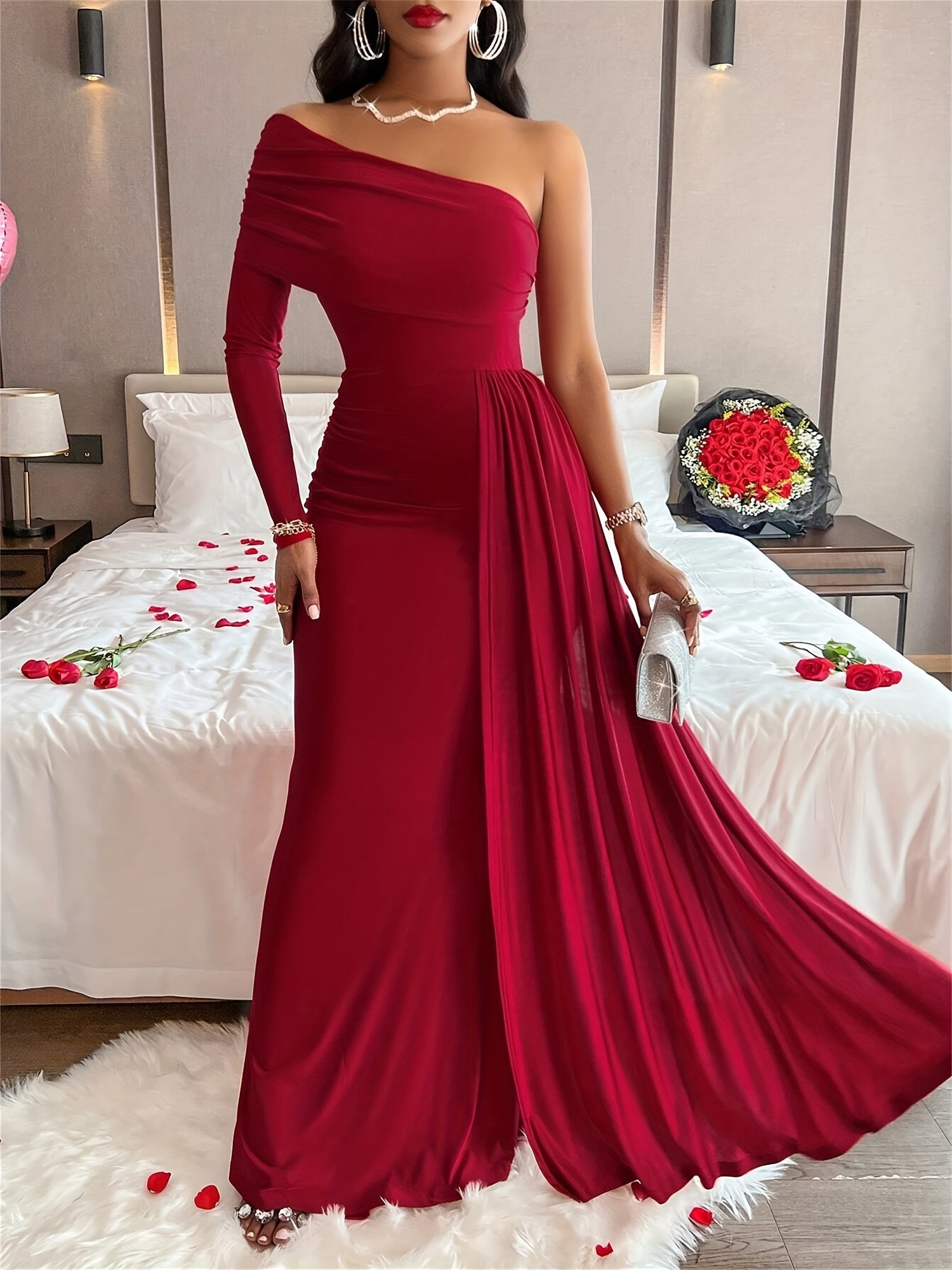 Elegant Oblique-Shoulder Long Sleeve Formal Wedding Guest Dress Maxi Dress