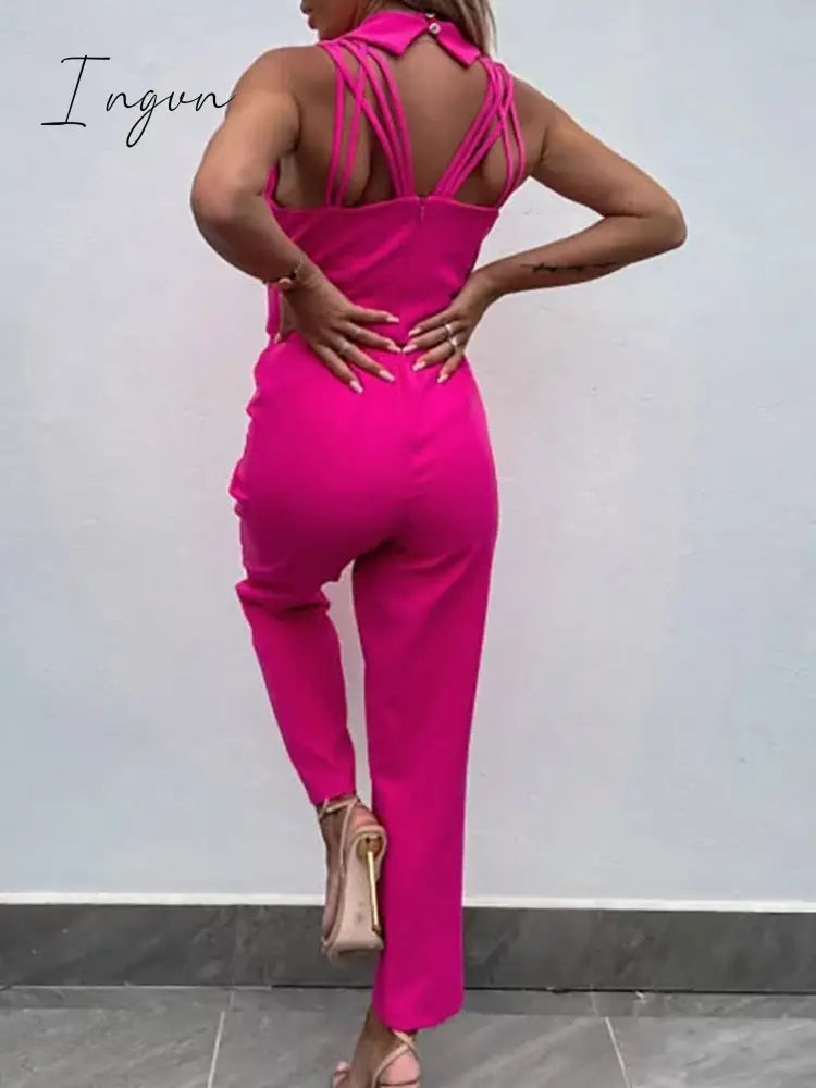 Ingvn - New Solid Casual Women Summer Jumpsuits V-Neck Lace-Up Sleeveless Wide Leg Pants Button Ladies Bodysuits Streetwear