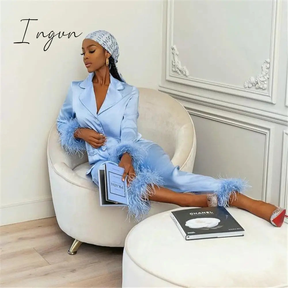 Ingvn - Trendy Women Pajamas Set Autumn Casual Lapel Tops + Feather Pants Suits Sexy Lingerie Nightwear Silk Satin Pyjamas pjs Suit 2Pcs
