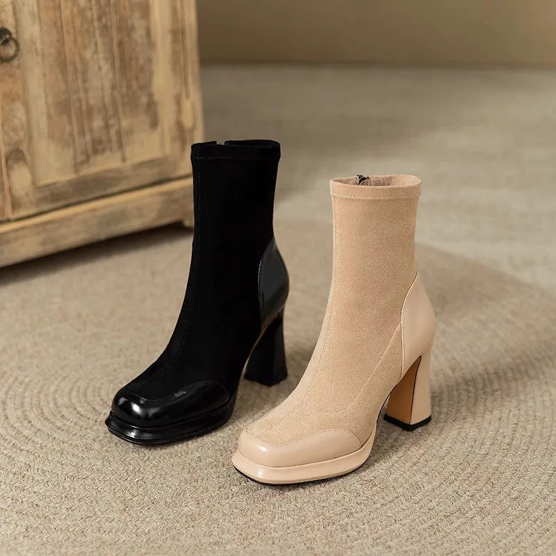 Ingvn  Vintage Women Ankle Boots Fashion Elegant Side Zippers Shoes Autumn Winter Thick Heel Laides Modern Short Booties