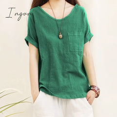 Ingvn - Green Loose Cotton Linen Blouse Oversize 5XL Blouses Women 2023 Summer Shirts Casual Short Sleeve O Neck Solid Shirt Lady Tops