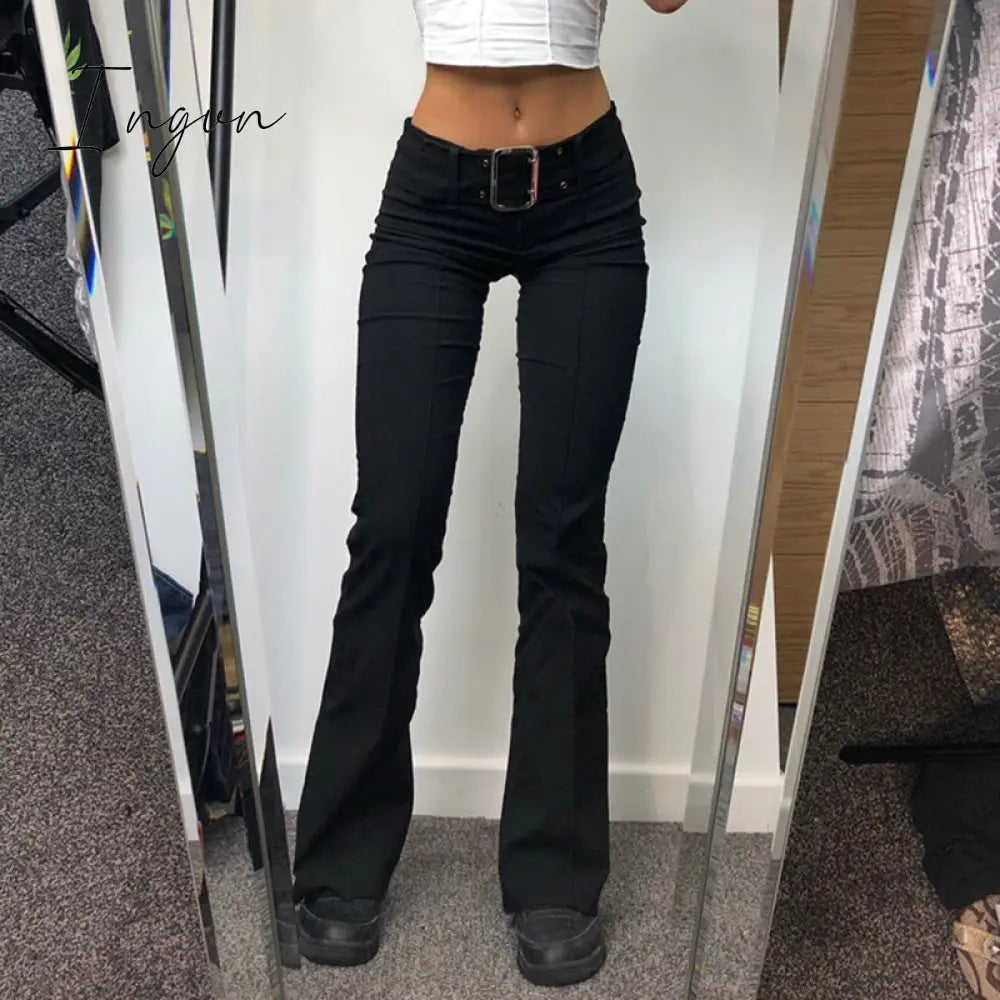 Ingvn - 2023 Spring Womens Fashion Goth Dark Y2k E-girl Striped Print Gothic Suit Pants Black Slim High Waist Zipper Front Trousers Women Autumn Fashion Streetwear