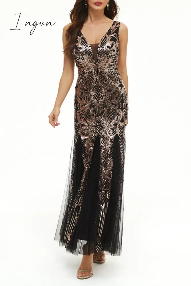 Ingvn - Elegant College Patchwork Sequins V Neck Evening Dress Dresses