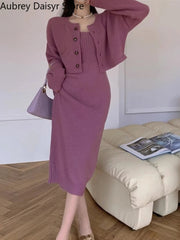 Elegant Red Knitting Dress Women Korean Fashion Office Lady Two Piece Dress Female Winter Warm Casual Christmas Party Dress