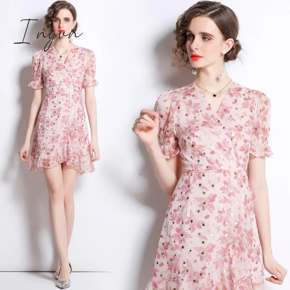 Ingvn - French Gothic Fishtail Floral Summer Dress Women Beach Style Tea Platycodon Grandiflorum Drawstring Hip Dress K6686
