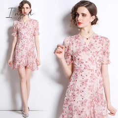 Ingvn - French Gothic Fishtail Floral Summer Dress Women Beach Style Tea Platycodon Grandiflorum Drawstring Hip Dress K6686