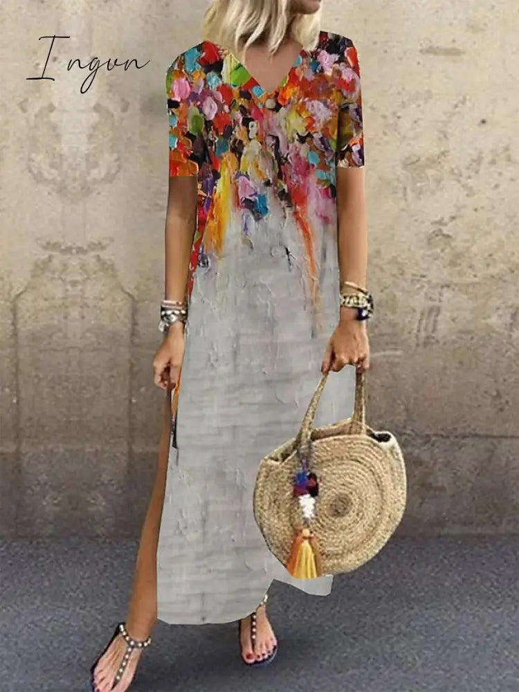 Ingvn - Women's Casual Dress T Shirt Dress Tee Dress Shift Dress Long Dress Maxi Dress Black Red Navy Blue Short Sleeve Abstract Print Spring Summer Crew Neck Fashion Daily 2023 S M L XL XXL