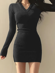 Cozy Solid Knit V-Neck Sweater Dress - Elegant Bodycon Dresses for Women - Long Sleeve, Fall & Winter Essential, Soft, Warm, and Comfortable Clothing