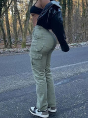 Ingvn - Khaki Cargo Pants Jeans Women High Waist Slim Fashion Streetwear ArmyGreen Big Pockets Y2k Vintage Baggy Denim Trousers Overalls
