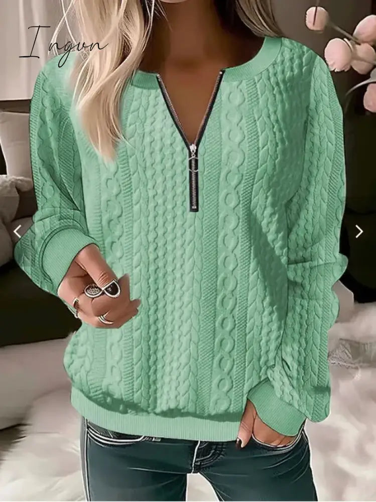 Ingvn - Women's Sweatshirt Pullover Basic Quarter Zip Blue Solid Color Casual V Neck Long Sleeve Textured Top Micro-elastic Fall & Winter