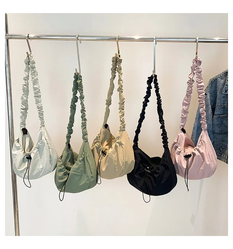 Ingvn  Soft Nylon Women's Drawstring Shoulder Bag Pleated Strap Female Hobos Crossbody Bags Large Capacity Ladies Solid Color Handbags