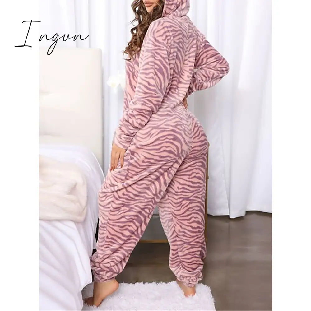 Ingvn - Women's Pajamas Jumpsuit Leopard Star Warm Comfort Plush Home Christmas Flannel Warm Breathable Hoodie Long Sleeve Pocket Fall Winter Leopard Print Moon blue