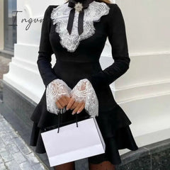 Ingvn - Fashion Trends Women Eyelash Lace Bell Sleeve Ruffles Dress Party Dress Elegant Fashion Dress