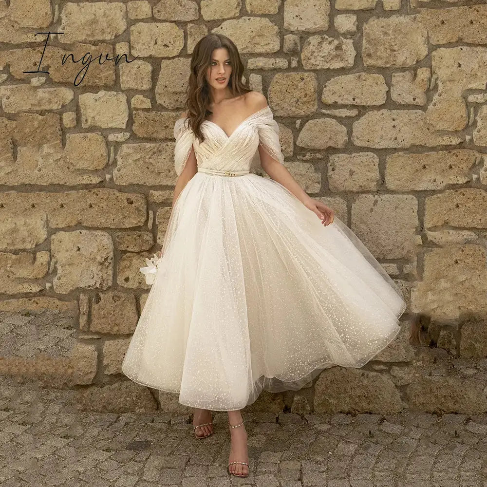 Ingvn - womens fashion Bling Glittter Boho Wedding Dresses For Women Sweetheaart Tulle Point Net Tulle Beach Short Bridal Gown Cheap Civil