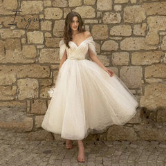 Ingvn - womens fashion Bling Glittter Boho Wedding Dresses For Women Sweetheaart Tulle Point Net Tulle Beach Short Bridal Gown Cheap Civil