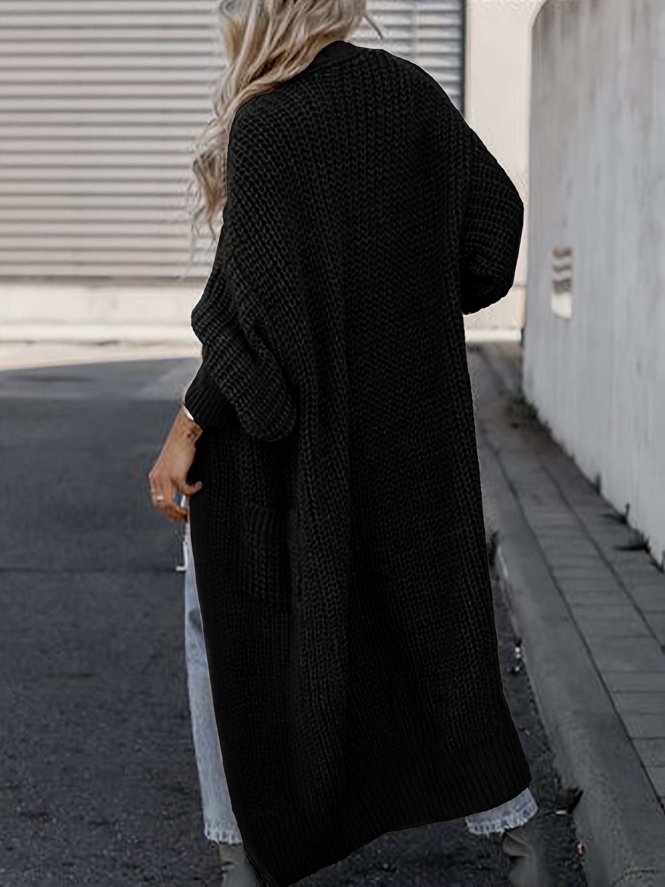 Solid Open Front Pocket Cardigan, Casual Long Sleeve Long Length Sweater For Fall & Winter, Women's Clothing