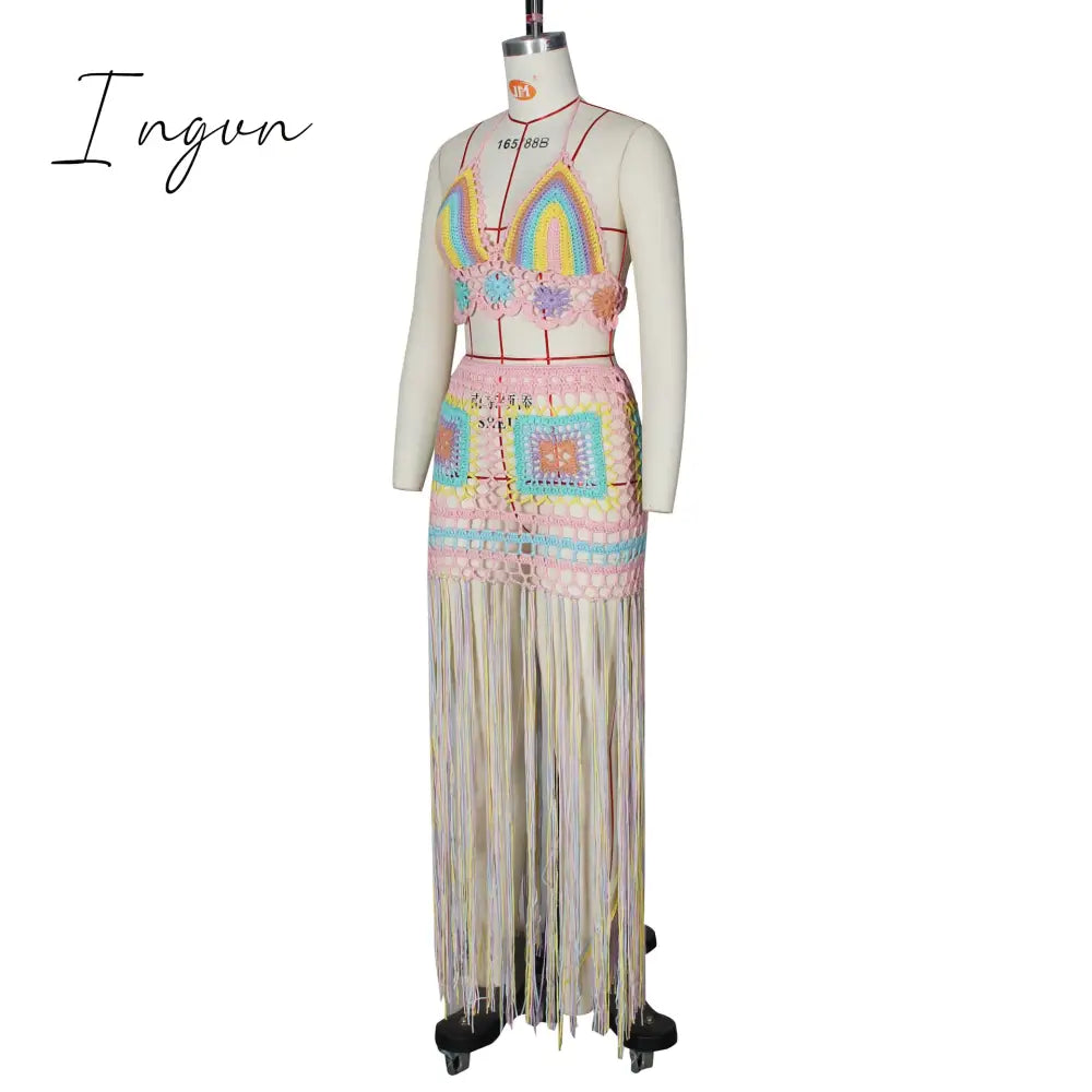 Ingvn - Sexy Crochet Tassel Two Piece Skirt Set Beach Dress Suit Summer Outfit Womens 2 Piece Matching Sets