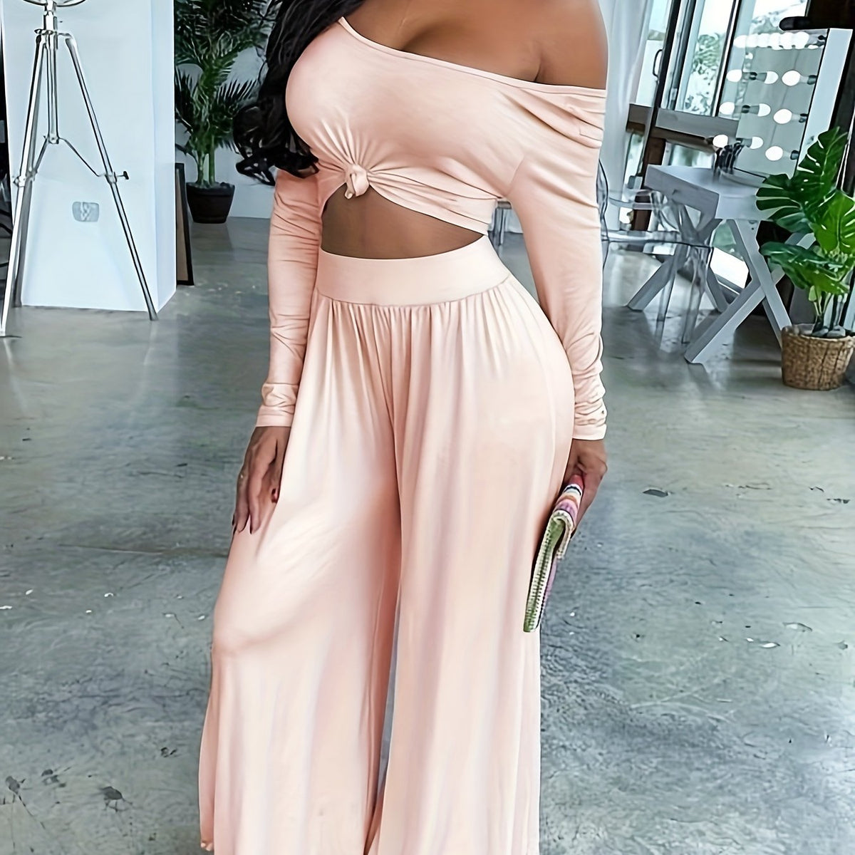 Long Sleeve Two-piece Set, Casual Solid Crop Top & Wide Leg Pants Outfits, Women's Clothing