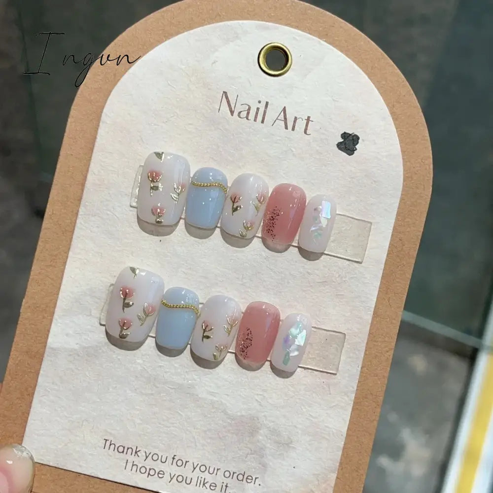 10Pcs Pink Cute Handmade Press on Nails Full Cover Bear Rhinestone Summer French Short False Nails Wearable Manicure Nail Tips