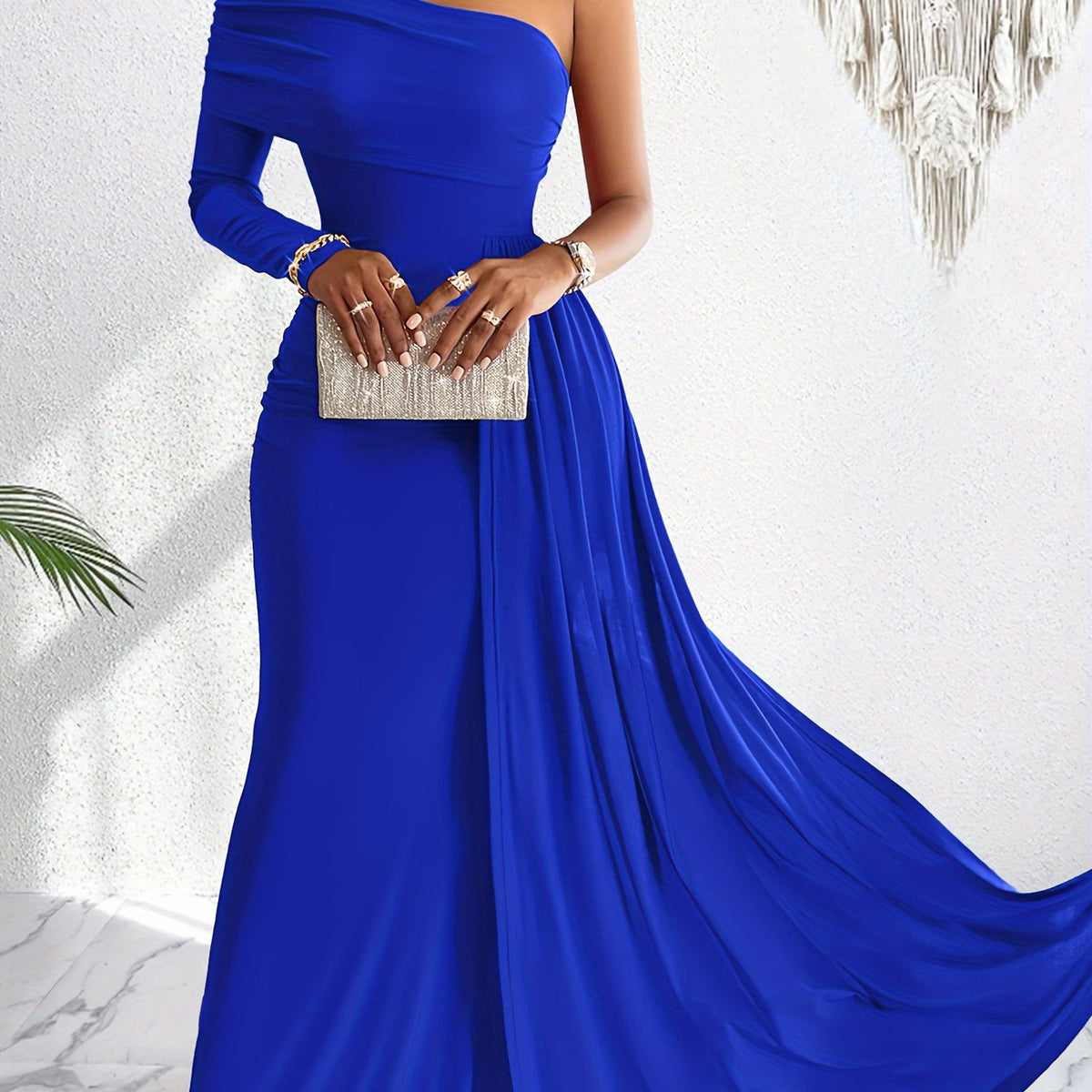 One Shoulder Asymmetrical Flowy Dress, Elegant Ruched Maxi Dress For Party & Banquet, Women's Clothing
